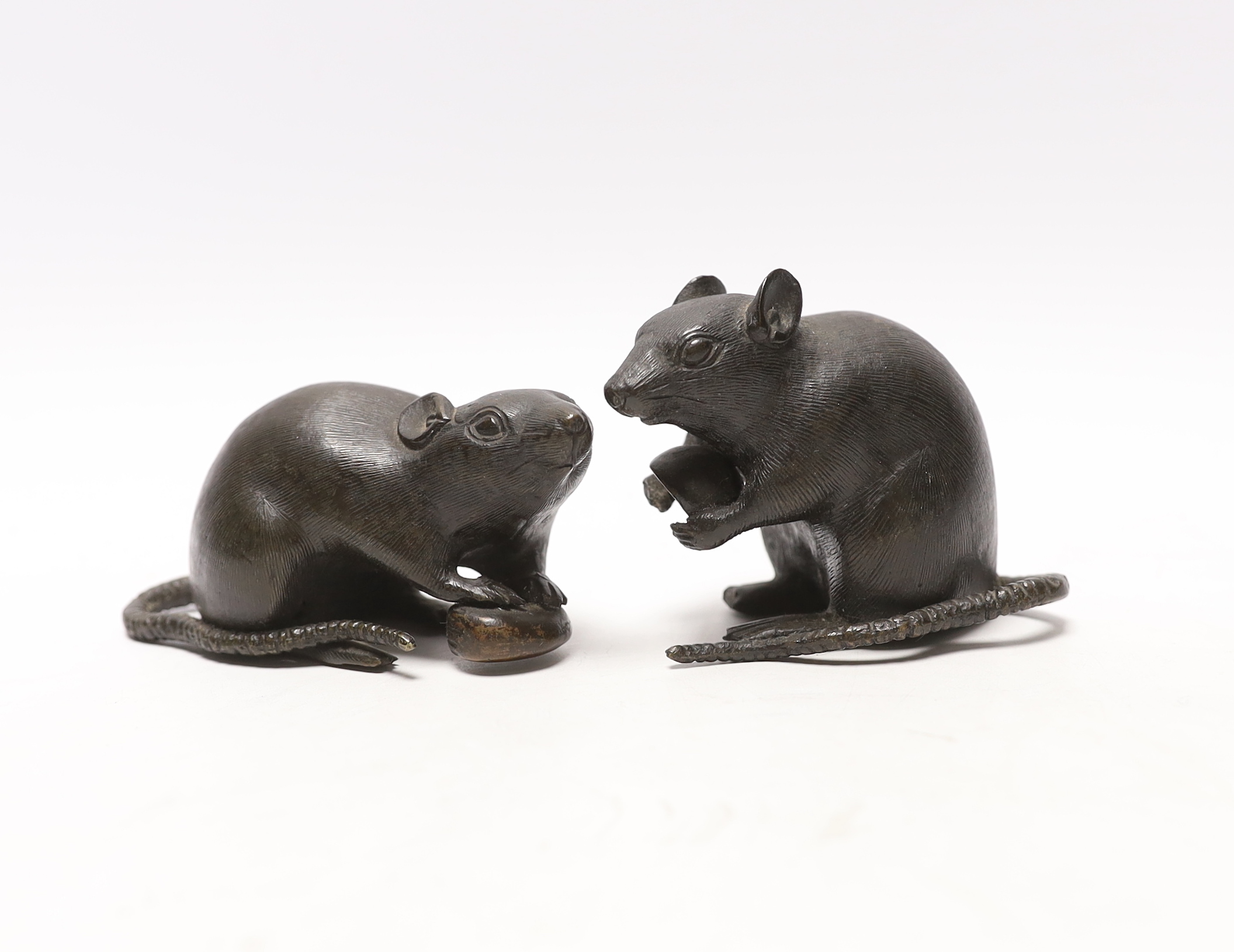 Two Japanese Meiji period cast bronze models of mice, signed, tallest 6.5cm